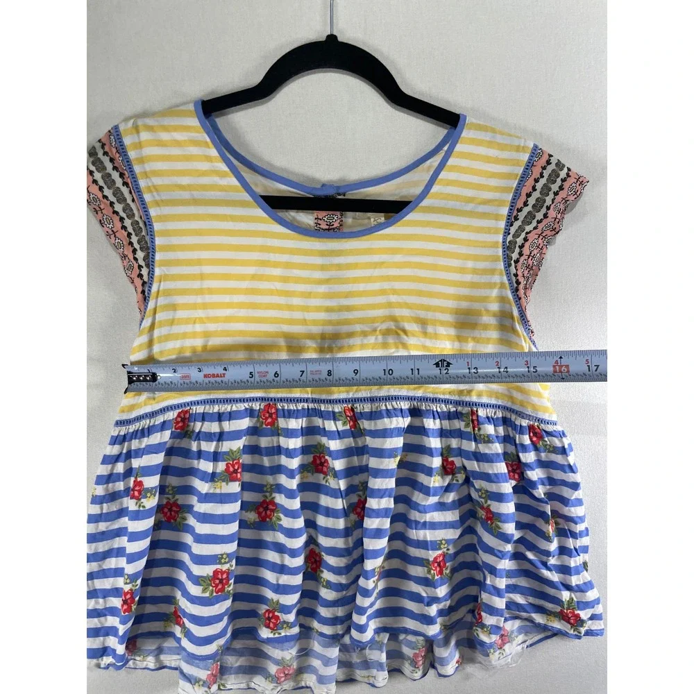 Matilda‎ Jane Mixed Media Striped Floral Babydoll Top Yellow Blue Cap Sleeve XL